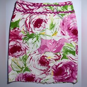 City Silk Stretch Pink and Green Floral Print 
Preppy Coastalcore Pencil Skirt 4